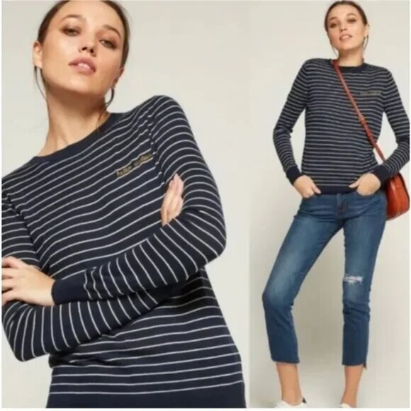 BANANA REPUBLIC Sweater Womens Medium Navy Striped Silk Cashmere Hello Weekend - Picture 1 of 11